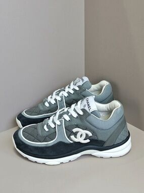 Authentic CHANEL Gray and White Quilted CC-Logo Men’s Sneakers